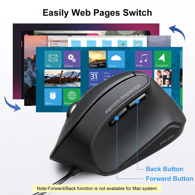 SANWA Wired Ergonomic Mouse, Optical Vertical Computer Mice, Reduce Wrist Strain, (1000/1600 Adjustable DPI, 6 Buttons) Compatible with MacBook, Laptop, Desktop, Windows, Mac OS for Office & Gaming - Image 5